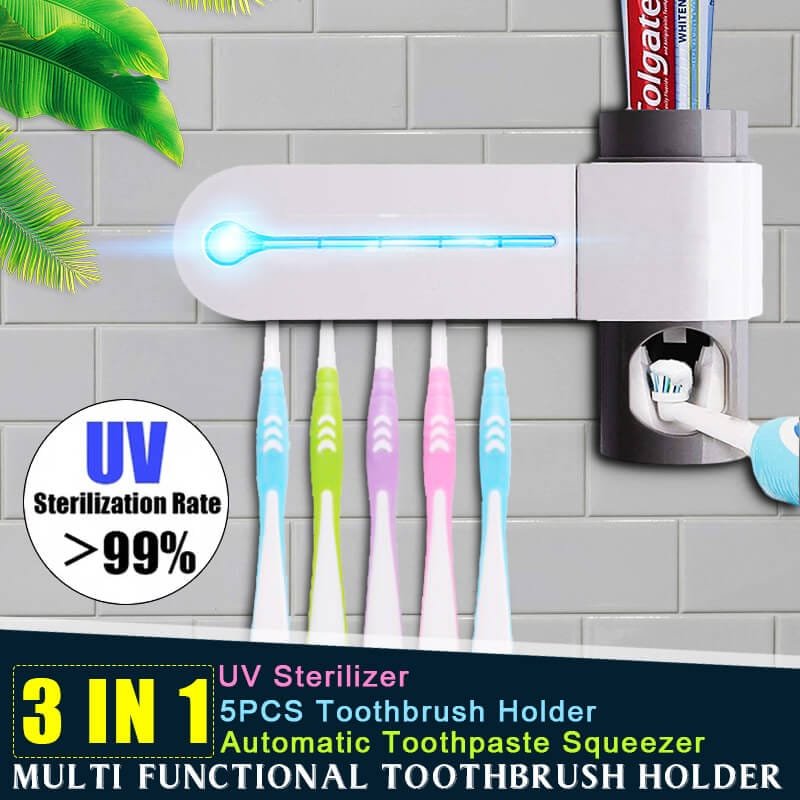 UV Toothbrush Sanitizing Holder and Toothpaste Dispenser -3 in 1